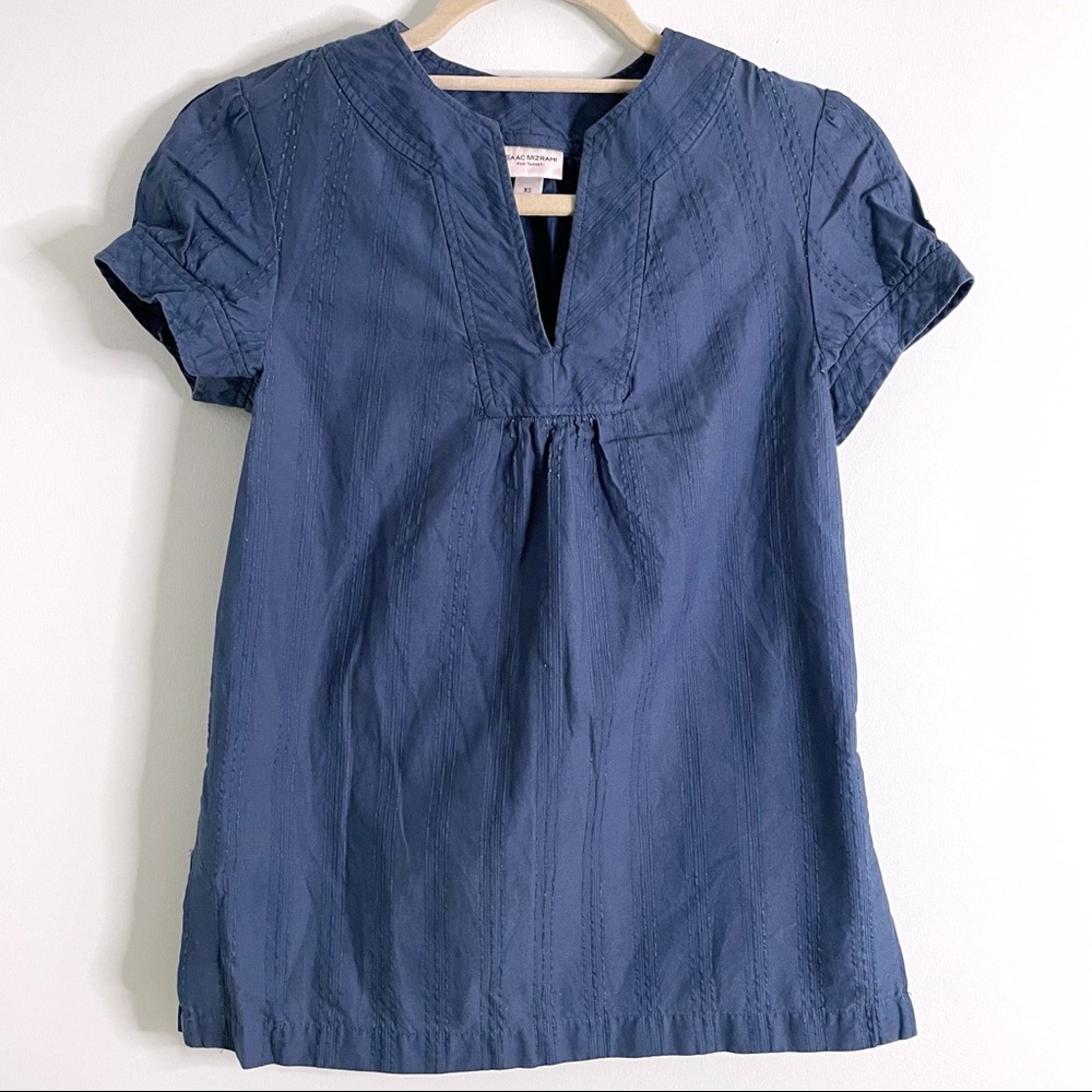 Cap Sleeve Blouse in Teal Blue w/ Vertical Stripes for Elongating Petite Frames